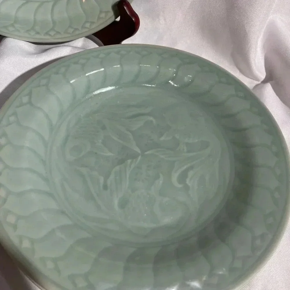 Vintage Celadon Seafoam Ceramic Koi Salad Plates